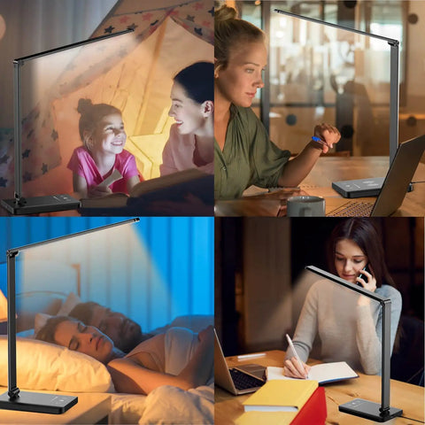Slick LED Desk Lamp With Wireless Charger and USB Port, dimmable reading light used in various home settings.