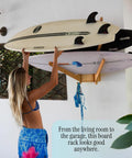The Sun Rack Premium Bamboo Wall Mount For Surfboards Snowboards Skis And Wakeboards Holds Four Boards With Built In Drawer And Hooks For Garage And Home Storage Dope Space Saving Display And Organization featuring surfboards in a home setting