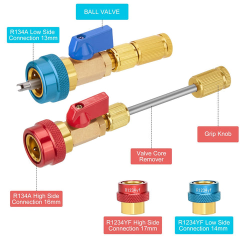 Detailed components of AC Valve Core Remover Tool Kit With Quick Release For R134a And R1234yf Compatible With Standard And JRA Couplers