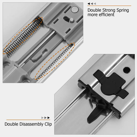 Close-up view of Rock Solid Soft Close Drawer Slides 18 Inch showing double strong springs and disassembly clips for efficient use.