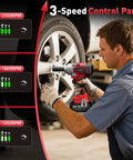 Mechanic using Cordless Impact Wrench 650 Nm High Torque One Half Inch Drive With Two 4.0Ah Batteries on car tire lug nuts.