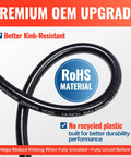 Close-up of kink-resistant 50 ft pressure washer hose with RoHS material, 1/4 inch, 3200 PSI, M22-14mm fittings visible on text.