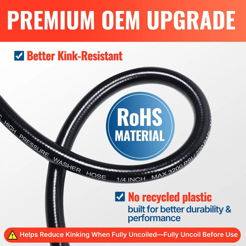 Close-up of kink-resistant 50 ft pressure washer hose with RoHS material, 1/4 inch, 3200 PSI, M22-14mm fittings visible on text.