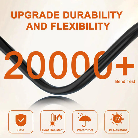 Close-up of 25ft NEMA 6-50P To 14-50R EV Charger Adapter Cord showing 20000+ bend test durability rating.