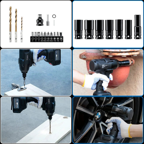 Cordless Impact Wrench With Half Inch Drive, 600 Nm Max Torque, 21V 4.0Ah Battery shown with sockets, drill bits, and various applications.