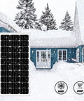 Zero Sweat 200W Hybrid Off Grid Power Rig Featuring 100W Vertical Axis Wind Turbine Combined With Premium Monocrystalline Solar Panel shown in snowy setting.