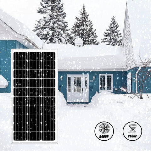 Zero Sweat 200W Hybrid Off Grid Power Rig Featuring 100W Vertical Axis Wind Turbine Combined With Premium Monocrystalline Solar Panel shown in snowy setting.