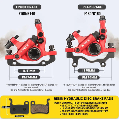 HB-100 Cable-Actuated Hydraulic Disc Brake Caliper Set for MTB, Road and E-Bike Front and Rear Pair With Built-In Brake Oil Upgraded Line-Pull Clamp Red Finish for Fast, Smooth Stopping, red calipers F160/R140 and F180/R160, IS 51MM PM 74MM