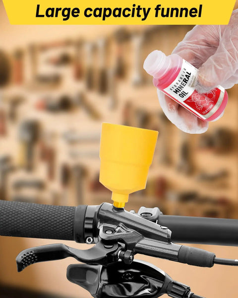 Brake Bleed Kit For Shimano TeKTro TRP Hydraulic Disc Brakes With 120 ML Mineral Oil Fluid And Funnel in use
