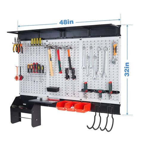 Pegboard Wall Organizer Kit 48x36 Inch Heavy Duty Metal Pegboard With Toolboard And 105-Piece Hook Set, Overhead Shelf