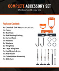 Heavy Duty Drill Press Mortising Attachment With Square Hole Chisel Set And Five Precision Bushings For Woodworkers Complete accessory set including chisels, bushings, and rod holder.