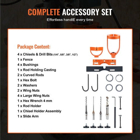 Heavy Duty Drill Press Mortising Attachment With Square Hole Chisel Set And Five Precision Bushings For Woodworkers Complete accessory set including chisels, bushings, and rod holder.