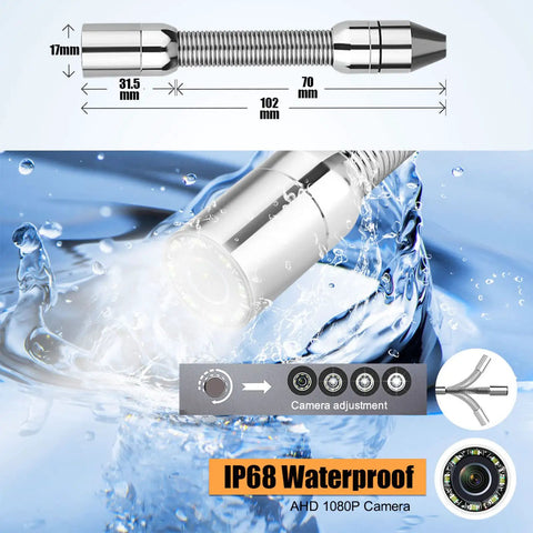 Heavy Duty Next Level 17mm Sewer Borescope And Pipeline Inspection Camera With Wifi DVR Recorder features an IP68 camera in water.