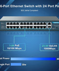 Front view of 26-Port PoE Switch With 24 PoE And PoE Plus Ports And 2 Gigabit Uplink Ports, ideal for small biz networking.