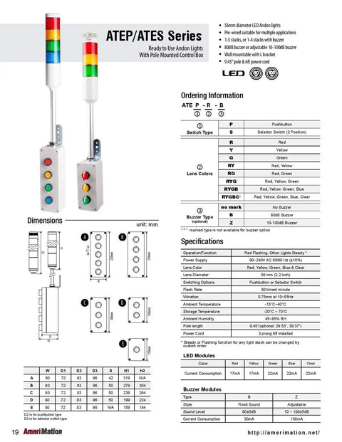 Plug And Play LED Andon Light With Remote Selector Switch Box, 10 Ft Cable, 9.45 Inch Pole With L Bracket, Red Flashing Light With Buzzer, Yellow Steady Light, Adjustable 10 To 100 dB Buzzer, 110 VAC, 6 Ft Power Cord, Wall Mount Ready product specifications and dimensions