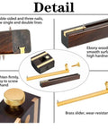 Detail of Pro Grade Mortise Gauge For Woodworking showing ebony wood, brass slider, and nails for precise layouts.