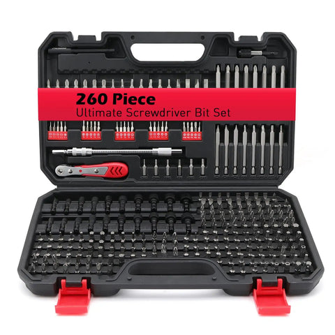 Open case of 260-Piece Do It All Magnetic Security Bit Set With Ratchet Wrench Nut Drivers Extensions And Bit Holder for repairs