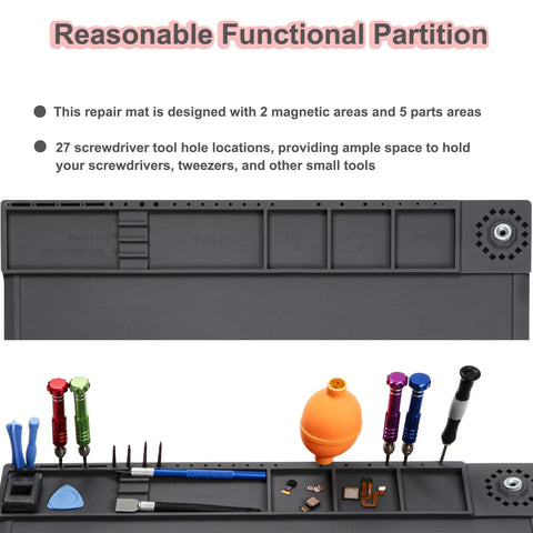 Pro Grade Silicone Soldering Mat With 932 Fahrenheit Heat Resistance, Expanding Repair Area And Magnetic Work Zone shown with tools