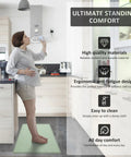 Woman standing on Comfy Anti Fatigue Kitchen Mats Set Of 2 For Standing Long Hours Washable Floor Rugs 17x29 And 17x59 Light Green Non Slip Design Durable Memory Foam Feel Easy To Clean Perfect For Cooking And Daily Chores
