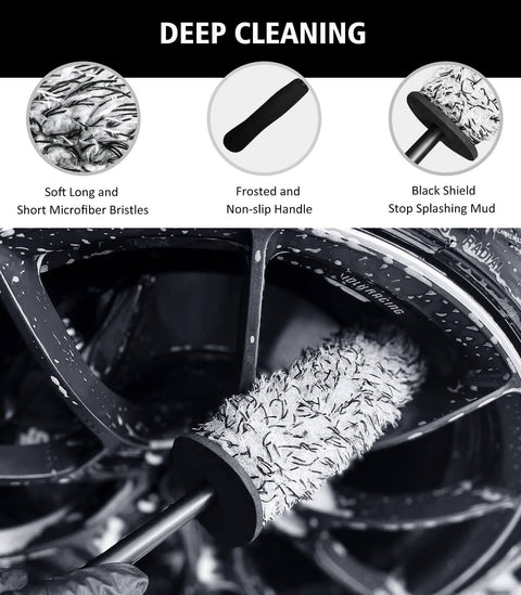 Close-up of microfiber rim brush from 4 Piece Car Wheel Cleaning Kit With 360 Degree Bendable Wheel Brush and other tools for deep clean