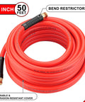 Boss Level Heavy Duty Half Inch By Fifty Foot Hybrid Air Compressor Hose Rated At 300 Psi with red color and bend restrictors.