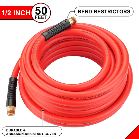 Boss Level Heavy Duty Half Inch By Fifty Foot Hybrid Air Compressor Hose Rated At 300 Psi with red color and bend restrictors.