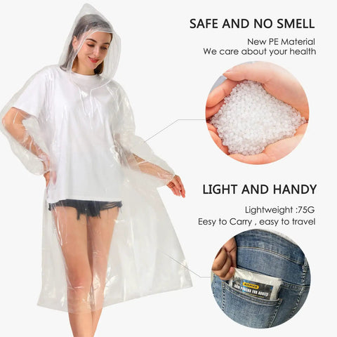 Adult model wearing Clear Rain Ponchos For Adults With Hood 4 Pack Lightweight Tear Resistant Emergency Rain Gear For Travel.
