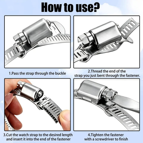 12 FT 304 Stainless Steel Hose Clamps Kit With 8 Heavy Duty Fasteners For DIY Projects, Cut To Length Custom Strapping Bands That Are Super Tough And Rust Resistant For Any Car Or Home Repair Needs, close-up use steps