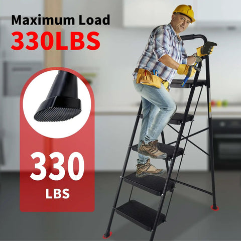 Foldable 5 Step Ladder With Handrail For Adults Beefy Yet Lightweight Anti Slip Step Stool With Wide Pedals Portable Household Ladder For Closet Bathroom Kitchen And Office Black, 330 lbs load