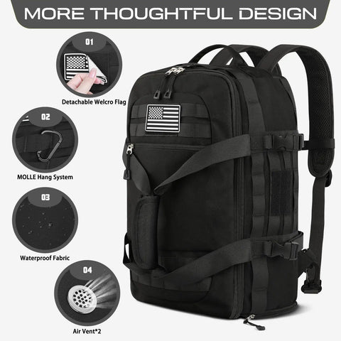 3 In 1 Carry On Duffle Bag With Shoe Compartment And Wet Pocket, Airline Approved 22x14x9 in black with features and MOLLE system