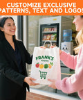 Two people exchanging a custom printed kraft paper bag with logo design in front of a store, emphasizing exclusive patterns and logos.