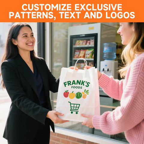 Two people exchanging a custom printed kraft paper bag with logo design in front of a store, emphasizing exclusive patterns and logos.