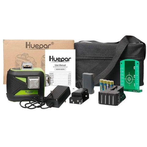 Green Rotary Laser Level Kit for DIYers and Pros with Plumb Points, including laser, receiver, adapter, and carrying case.