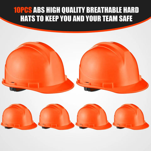 10 Pack Suspension Hard Hats For Worksite Safety With Ratchet Cap Style And Self Adjusting Crown Straps In Orange Durable ABS Helmet
