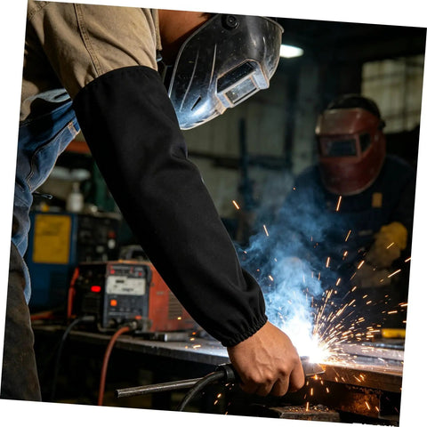 Premium Heat Resistant Welding Arm Sleeves Flame Retardant Cotton Guards With A Snug Elastic Fit Built Tough For Rough Job Sites And Heavy Duty Mechanic Work One Black Pair being used in welding.