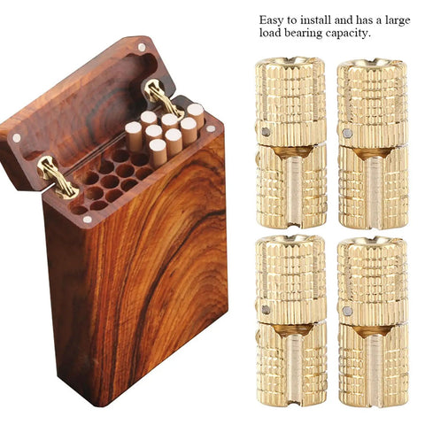 4 Pieces Brass Drum Hinges With 180 Degree Concealed Flush Mount For Cabinets, Jewelry Boxes, And Wood Crafts, next to wooden box