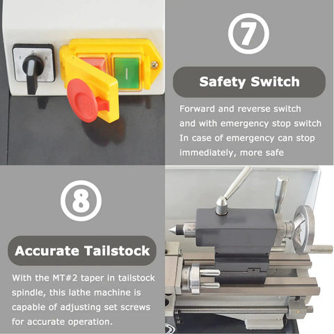 Hardcore Mini Metal Lathe 7x12 Inch Benchtop Workhorse with safety switch and accurate tailstock adjustment features.