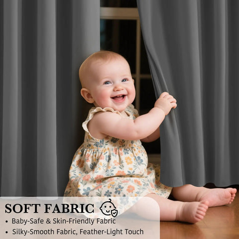 Baby playing with 100 Percent Blackout Door Curtain For Doorways And Open Closets, Privacy Temporary Door, Thermal Insulated Drapes In Grey, 34 W X 80 L Inches, 1 Panel, Ideal For Bedroom Kitchen Laundry Or Patio.