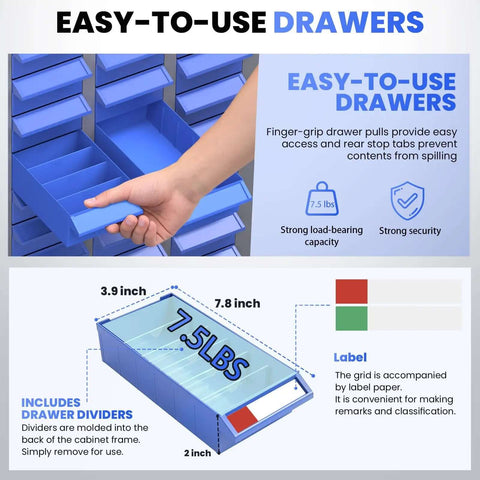 Close-up of 75 Drawer Nut And Bolt Bins Organizer With Alloy Steel Construction, displaying blue drawers with dividers and labels.