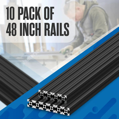 Aluminum Extrusion T Slot Rail 20x20mm 1220mm Kit For 3D Printer CNC Framing And DIY Projects, 10-pack of black rails