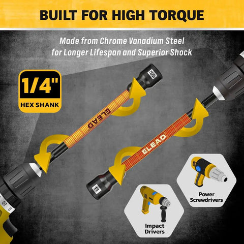 Nut Driver Bit Set With Magnetic Tips, 35-Piece Extra Long Nut Driver Kit for impact drills, 1/4 inch hex shank shown.
