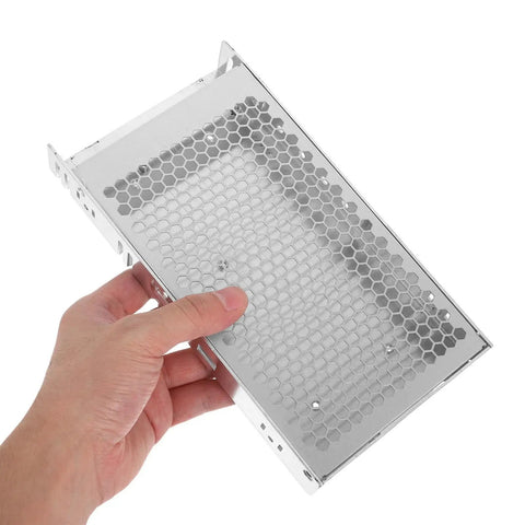 Hand holding Rugged Industrial Grade Switching Power Supply Enclosure With High Temp Resistance Aluminum Housing For Harsh Environments Easy Install Power Converter Box, silver metal