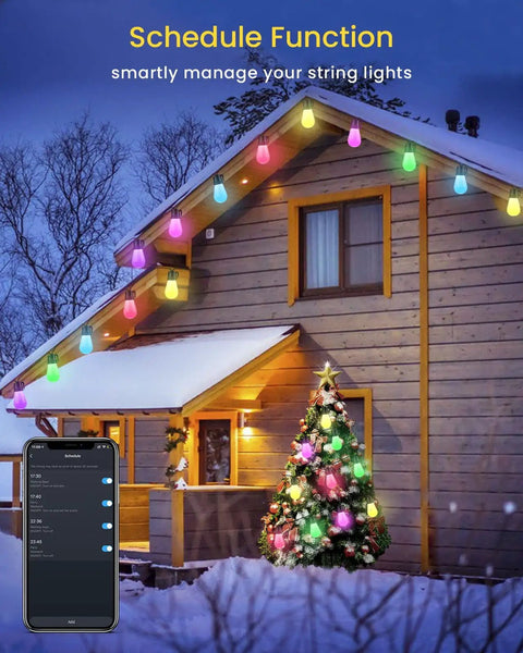 Smart RGB Outdoor String Lights 96ft With Independent Bulb Color Control illuminating a snowy house with app control visible