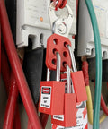 Lockout Tagout Kit With Ten Numbered Padlocks, Three Hasps, showing red padlocks and hasps securing power switches.