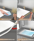 Slick Nifty 39 Inch Black Shower Threshold Water Dam Stopper installation steps on countertop with cleaning and measuring tools.