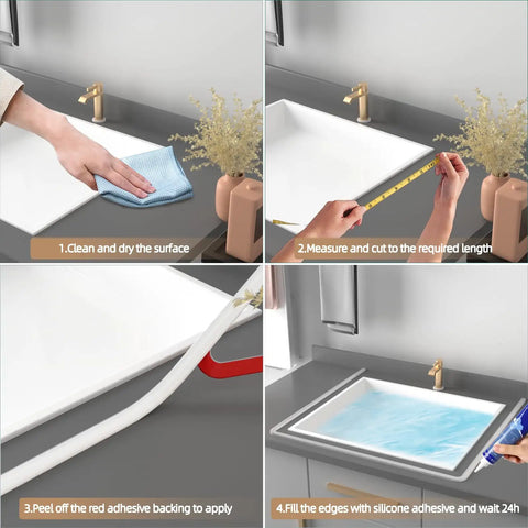 Slick Nifty 39 Inch Black Shower Threshold Water Dam Stopper installation steps on countertop with cleaning and measuring tools.