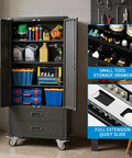 71.7 Inch Metal Storage Cabinet Built Tough With Locking Doors, Two Drawers, Adjustable Shelves, Mobile Wheels, Black Finish