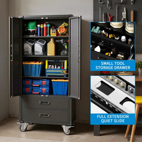 71.7 Inch Metal Storage Cabinet Built Tough With Locking Doors, Two Drawers, Adjustable Shelves, Mobile Wheels, Black Finish