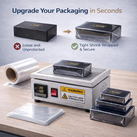 Hassle Free Manual Shrink Wrap Heat Sealer For Bopp And Pvc Film Smooth Overwrapping Packing Tool For Perfume Cosmetics Gift Boxes Quick Heat Up Digital Temp Control Clean Tight Wrap Shop Grade Toughness on a table with sealed boxes.
