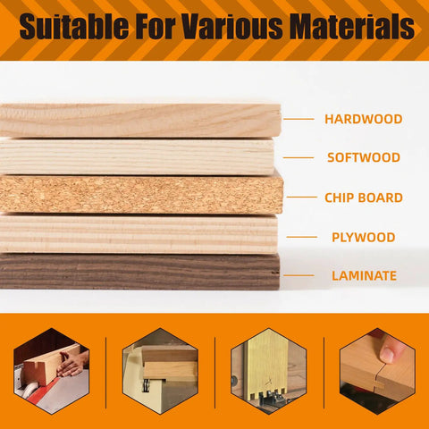 8 Inch Stacked Dado Blade Set For 10 Inch Table Saw With 5/8 Inch Arbor, shown cutting various materials including hardwood, softwood, chipboard, plywood, and laminate